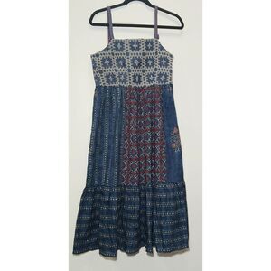 Bombay paisley womens small long midi dress blue red gypsy boho sundress